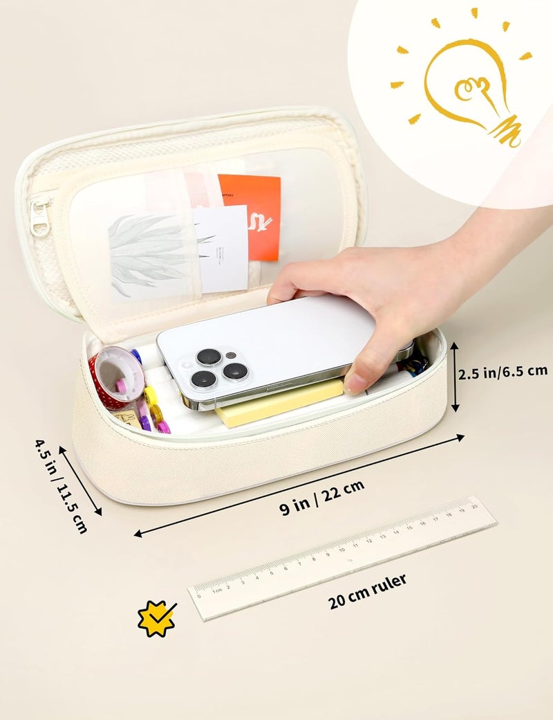 SUNEE Cute Pencil Case, Aesthetic Pen Pouch, Colored Large Pencil Bag with Zipper, Kawaii Stationery Storage and Organizer, School Supplies for Teen and Adult Girls, Beige - Image 3